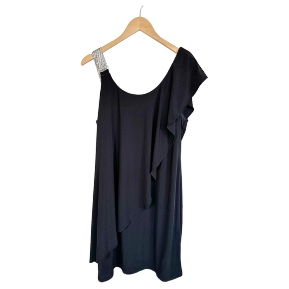 Black Cocktail Dress One Shoulder Silver Chain Strap One Flutter Fits Large - Picture 6 of 12